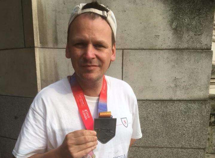 Steve Nash, 45, from Vigo, after running the London Marathon in support of Stacey's Smiles
