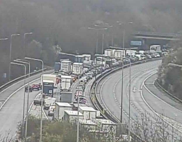 There are long delays on the M20 in both directions amid a police incident between Junctions 7 and 8 near Maidstone. Picture: National Highways