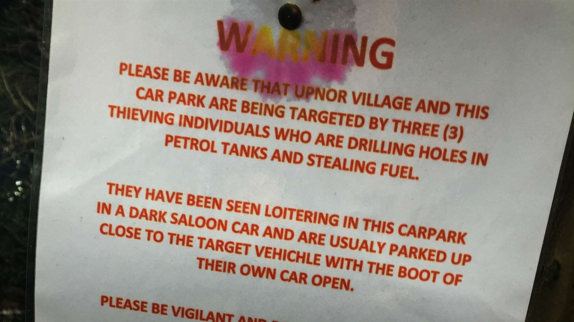 Warning notice at car park in Upnor