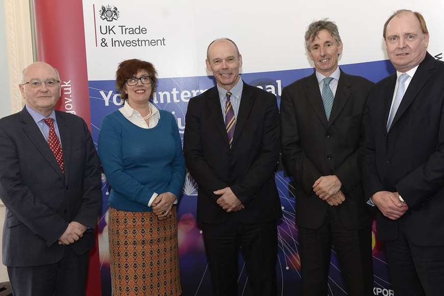 From left, Trevor Neil of Beta Group, Jenny Duff of Jenny Duff Tableware, Sir Clive Woodward, Paul Obey of Candella and UKTI South East regional director Lewis Scott