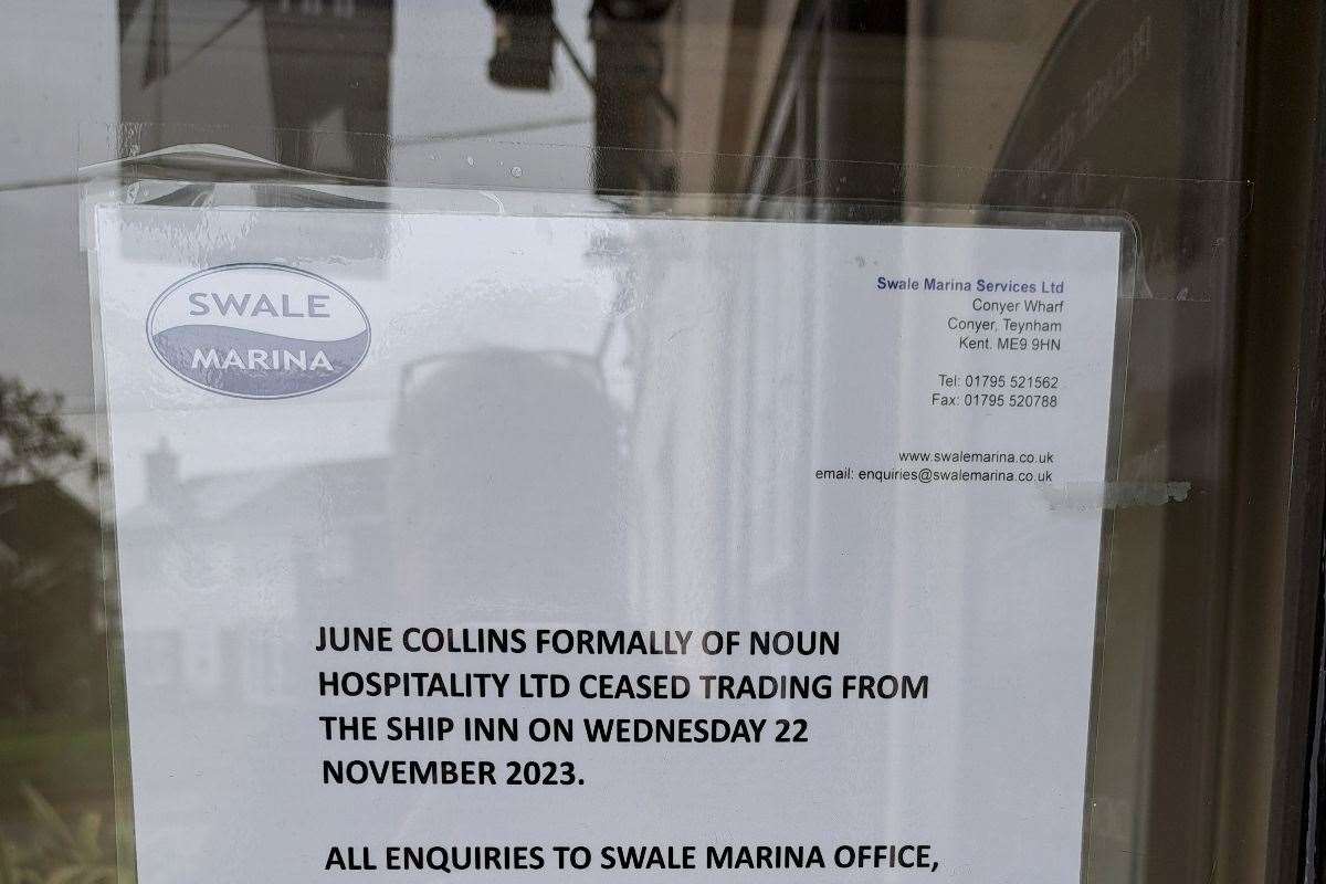 A letter explaining that the Ship Inn at Conyer ceased trading last month