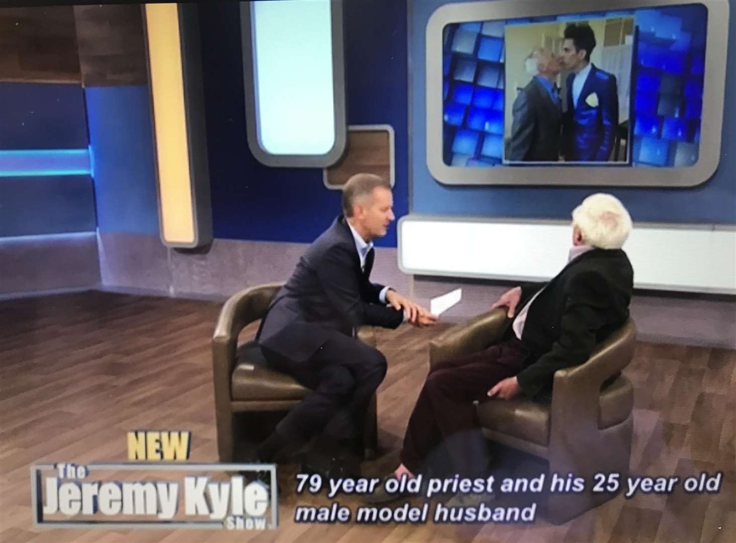 Retired priest Philip Clements chat to Jeremy Kyle. Picture: ITV (2777696)