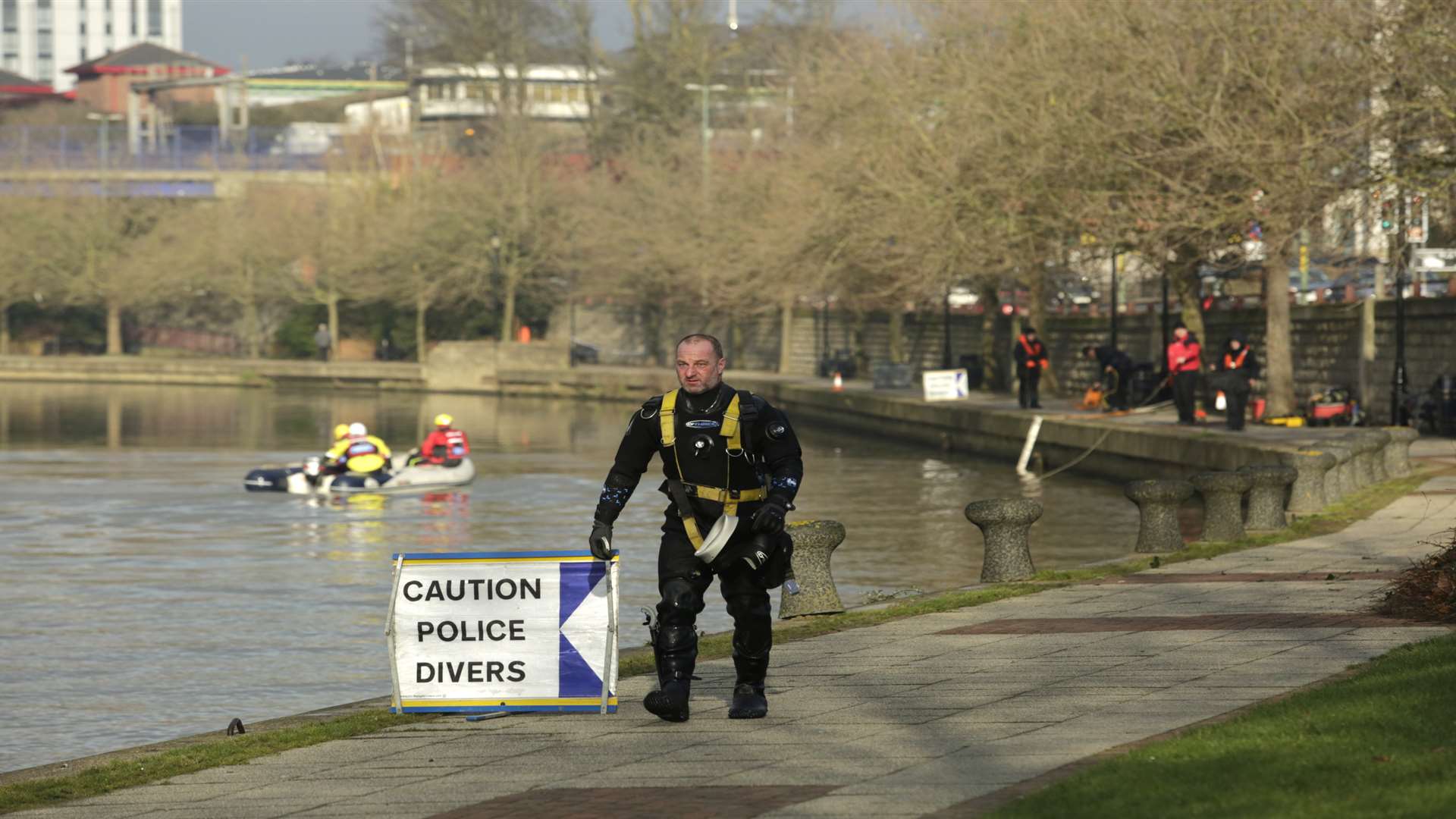 The scene at the River Medway as police divers conduct a search for Pat Lamb