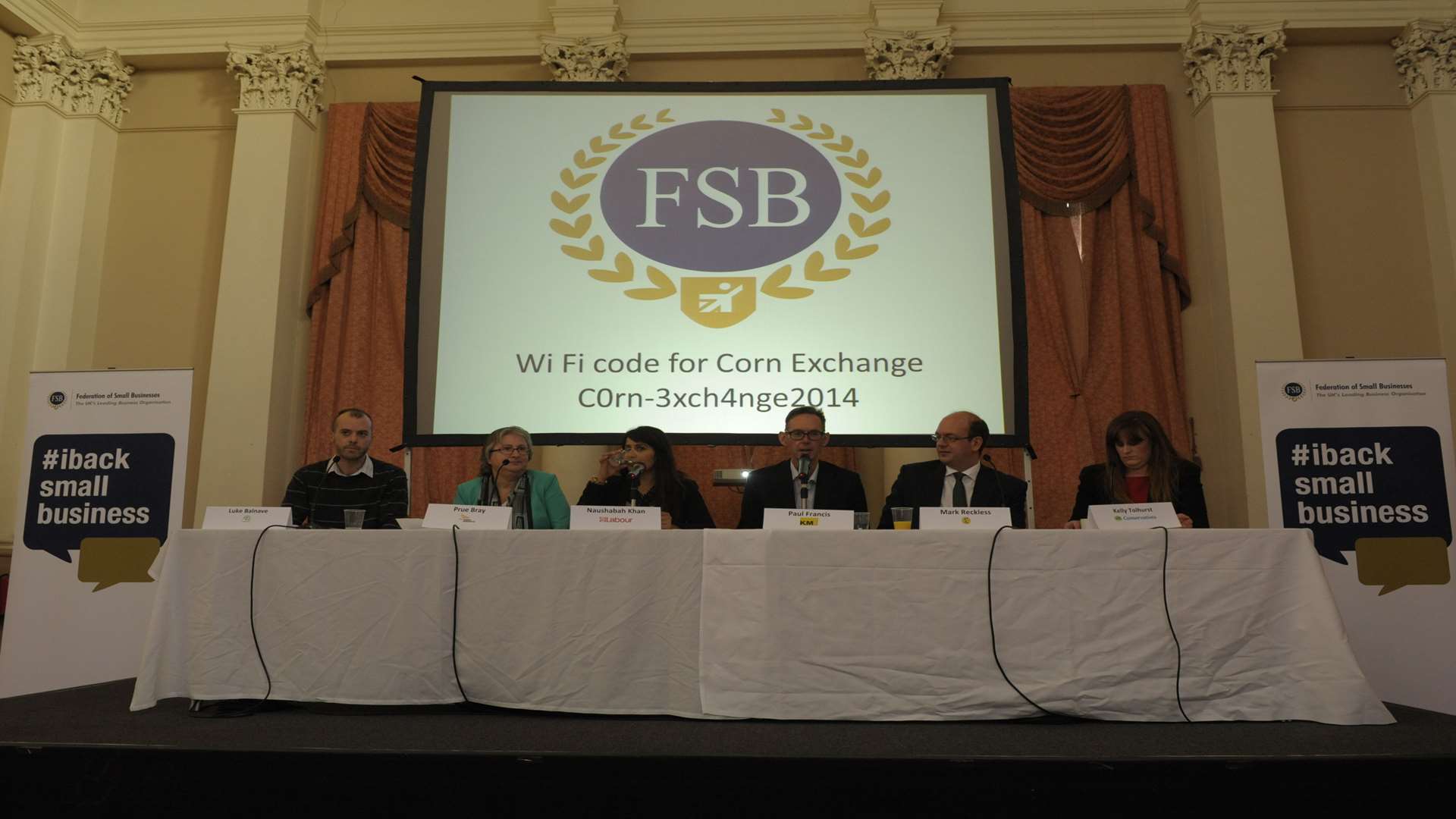 The hustings at the Corn Exchange, Rochester, hosted by the FSB, featured, from left, Luke Balnave (Green), Prue Bray (Lib Dem), Naushabah Khan (Lab), Paul Francis (chair), Mark Reckless (Ukip) and Kelly Tollhurst (Con)