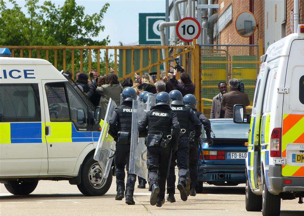 A fictional riot filmed for the drama at the Silver Spring soft drinks factory in Folkestone. Picture: @Kent_999s
