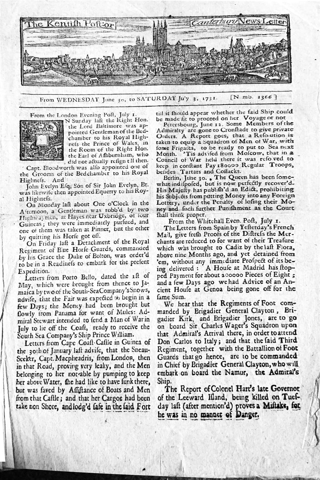 An early copy of the Kentish Post, the forerunner of the Kentish Gazette