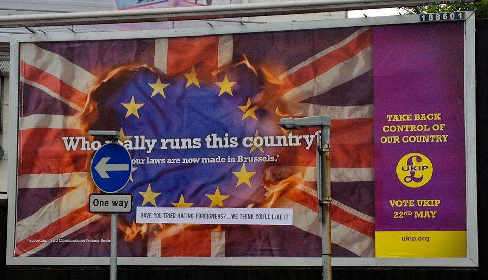 Mystery surrounds who has added scathing slogans to UKIP's campaign posters. Picture: Kay Mcloughlin