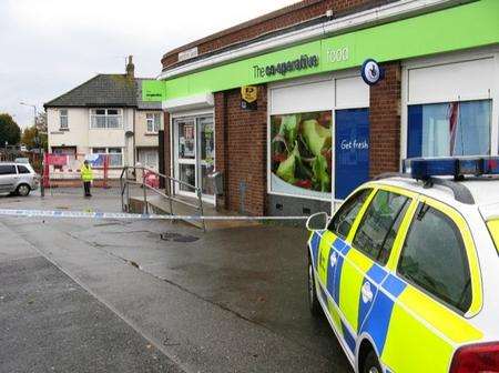 Police cordon off the Co-op in Pattens Lane, Chatham, after an armed robbery