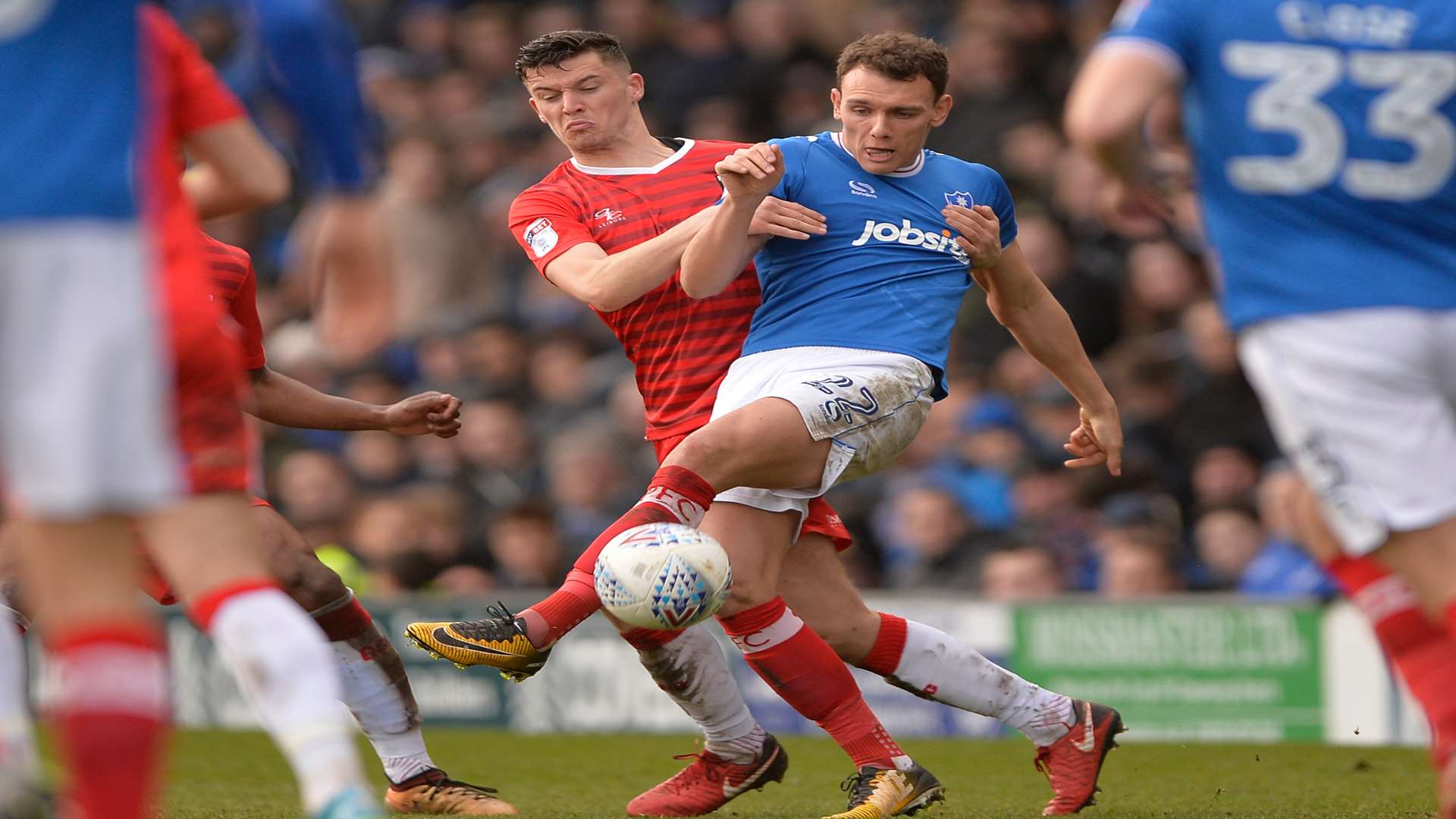Callum Reilly gets stuck in at Portsmouth. Will he remain at left-back this weekend? Picture: Ady Kerry