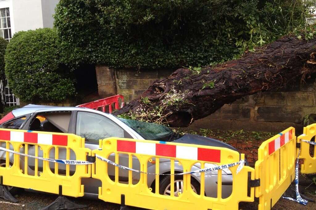 A tree crushes a car in Tunbridge Wells. Picture: @Kent_999s