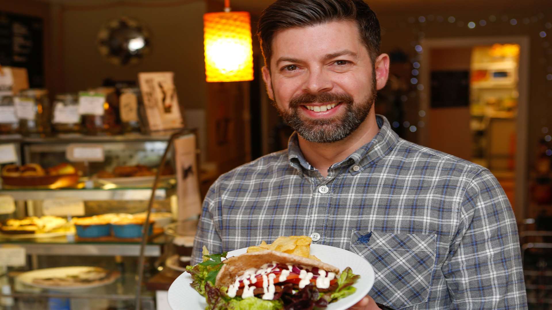 Owner James Hooper with a vegan kebab