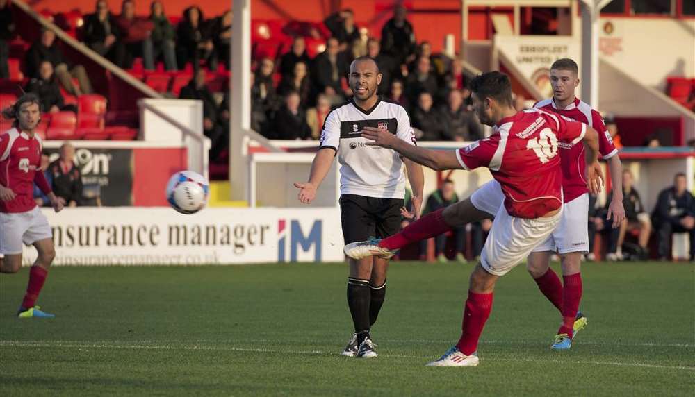 Michael Thalassitis scores against Bromley in the FA Trophy Picture: Andy Payton