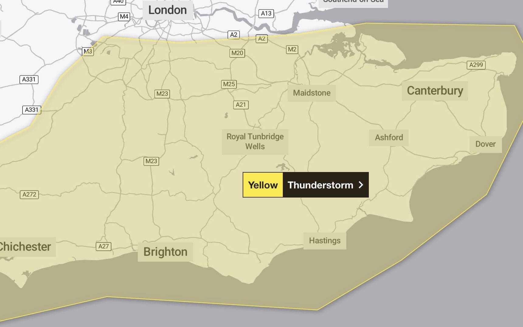 The Met Office has issued a Yellow storm warning for all of Kent and other areas of the South East. Picture: Met Office