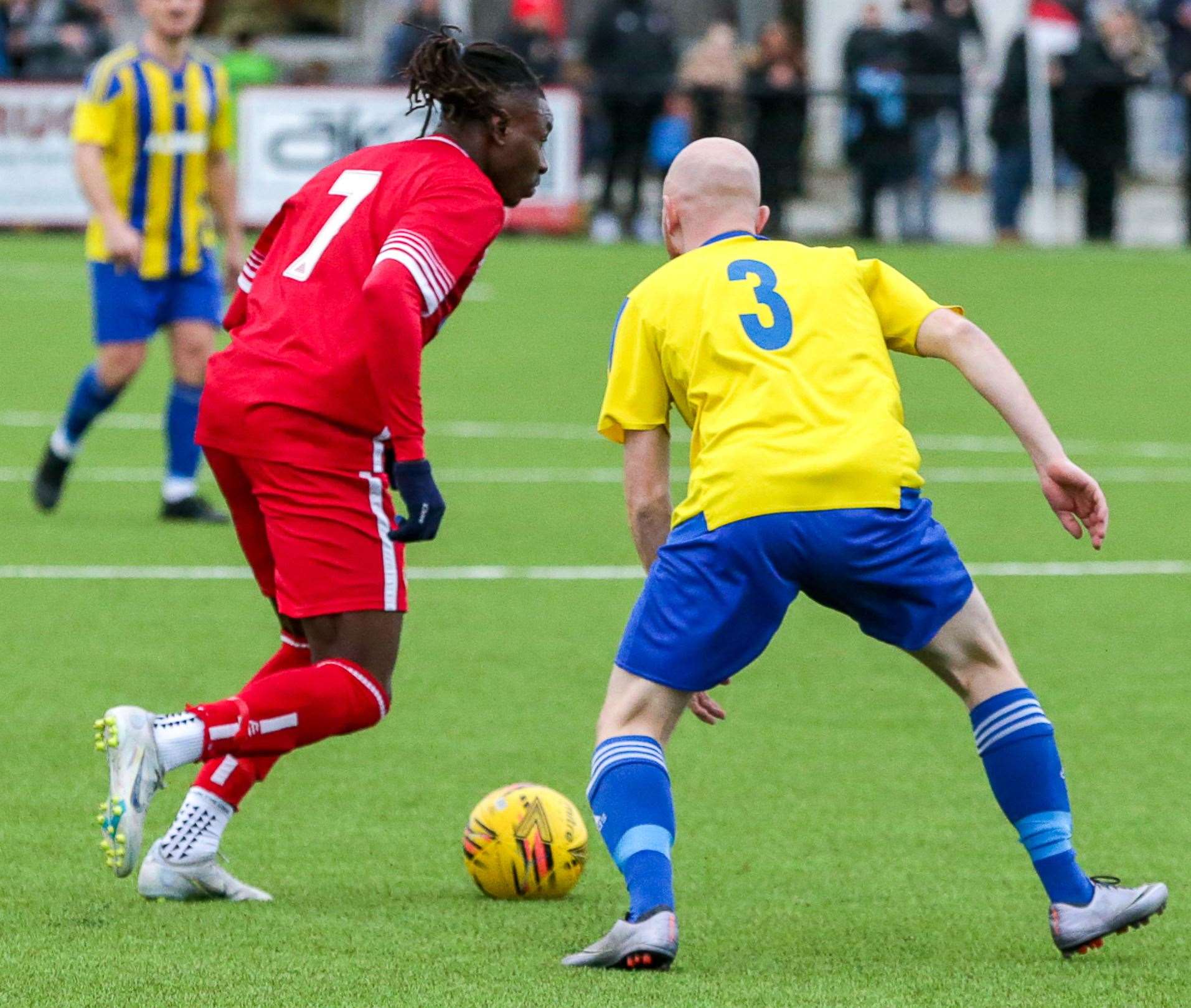 Jefferson Aibangbee going past Stansfeld defender Greg Summersby. Picture: Les Biggs