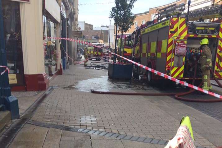Fire crews at the Cannon Street shop blaze. Picture courtesy of Siân Lucienne Buddle
