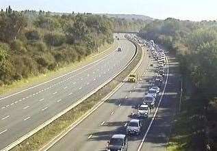 Delays on the A2 after a car overturned on the coastbound carriageway. Picture: National Highways