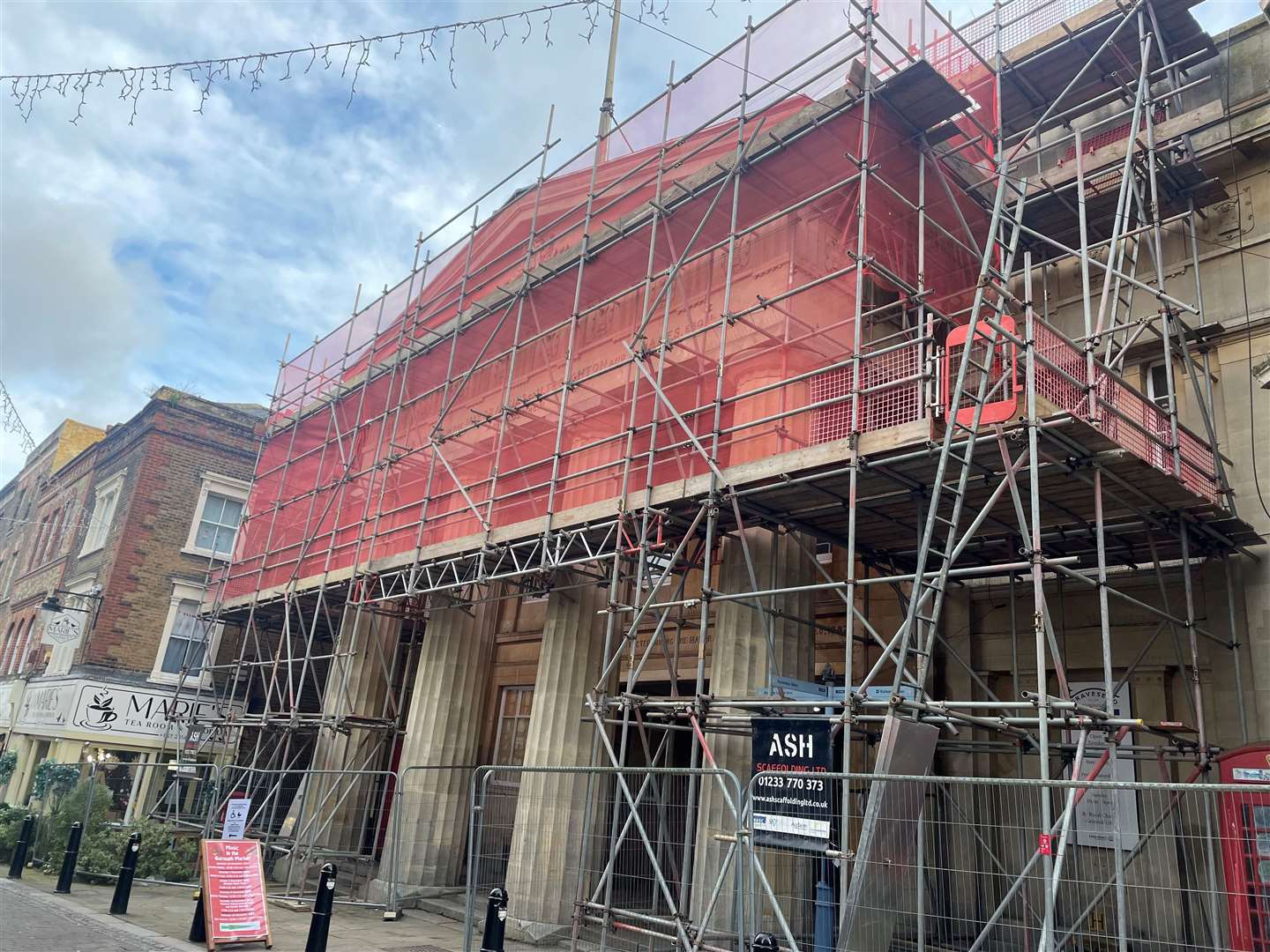 Scaffolding was erected around the Old Town Hall to repair the roof