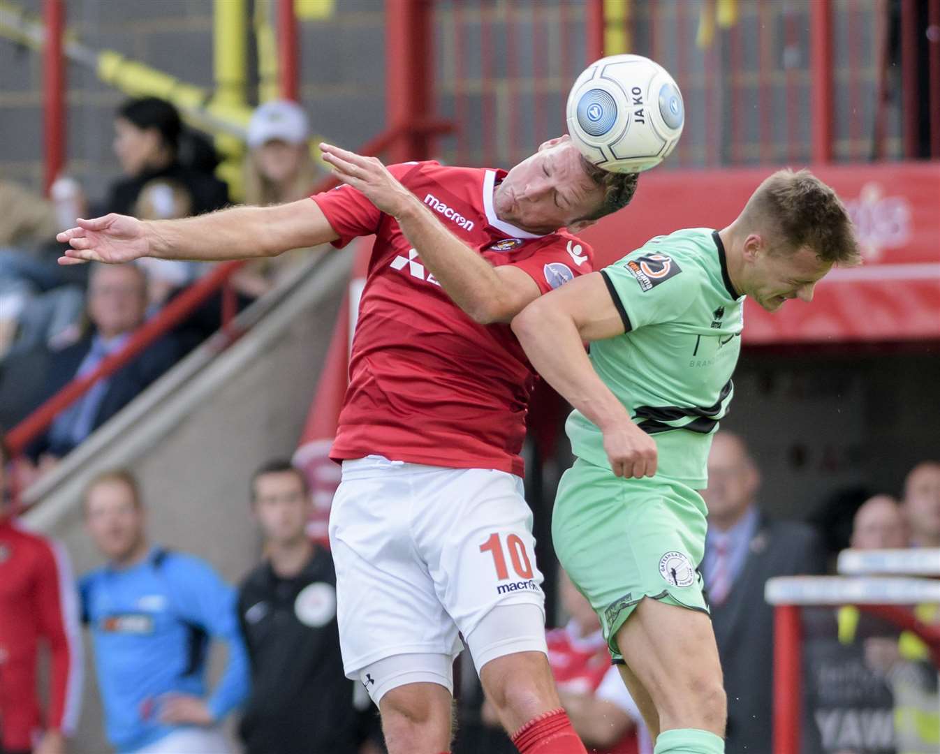 Andy Drury battles to win a header against Gateshead Picture: Andy Payton