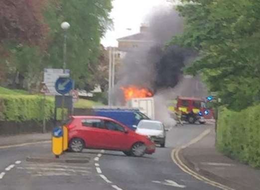 The lorry on fire outside Sevenoaks School. Picture: @Barbbzz