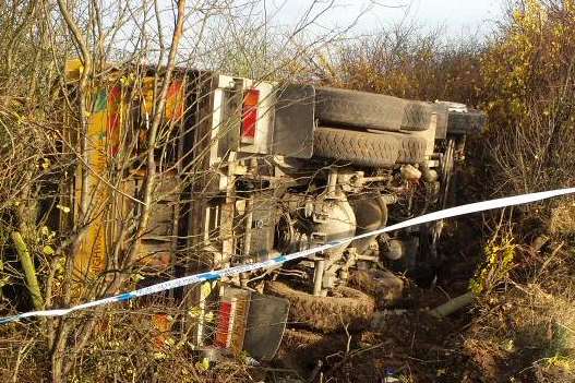 The lorry left the road and overturned