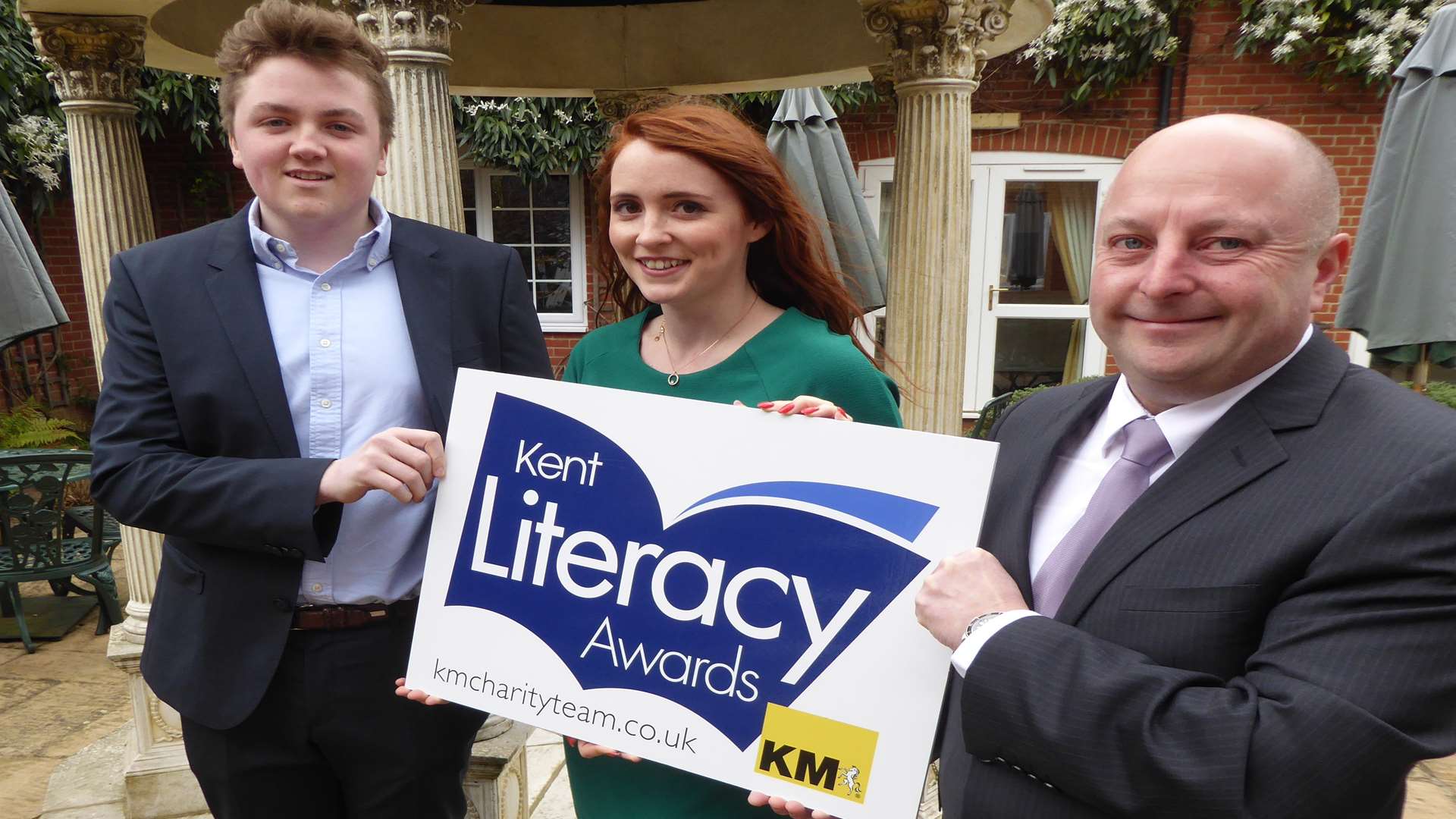 Jack Brown, Sarah Fisher and Michael Brown of KM Facilities Management at the launch of Kent Literacy Awards at Hempstead House Hotel.