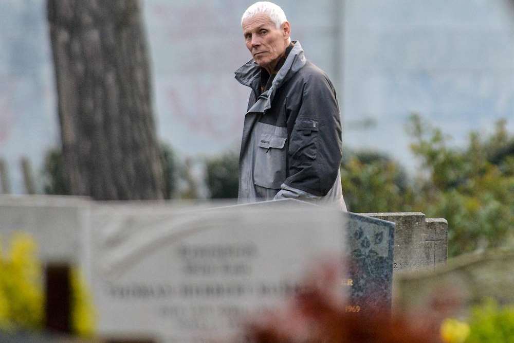 Child killer Alan Houchin visiting a graveyard in Swanley last week. Picture: Tony Kershaw/SWNS.com
