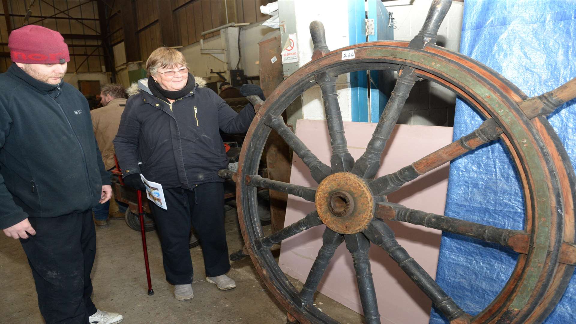 Chris and Sue Barnes take a look at a ship’s wheel