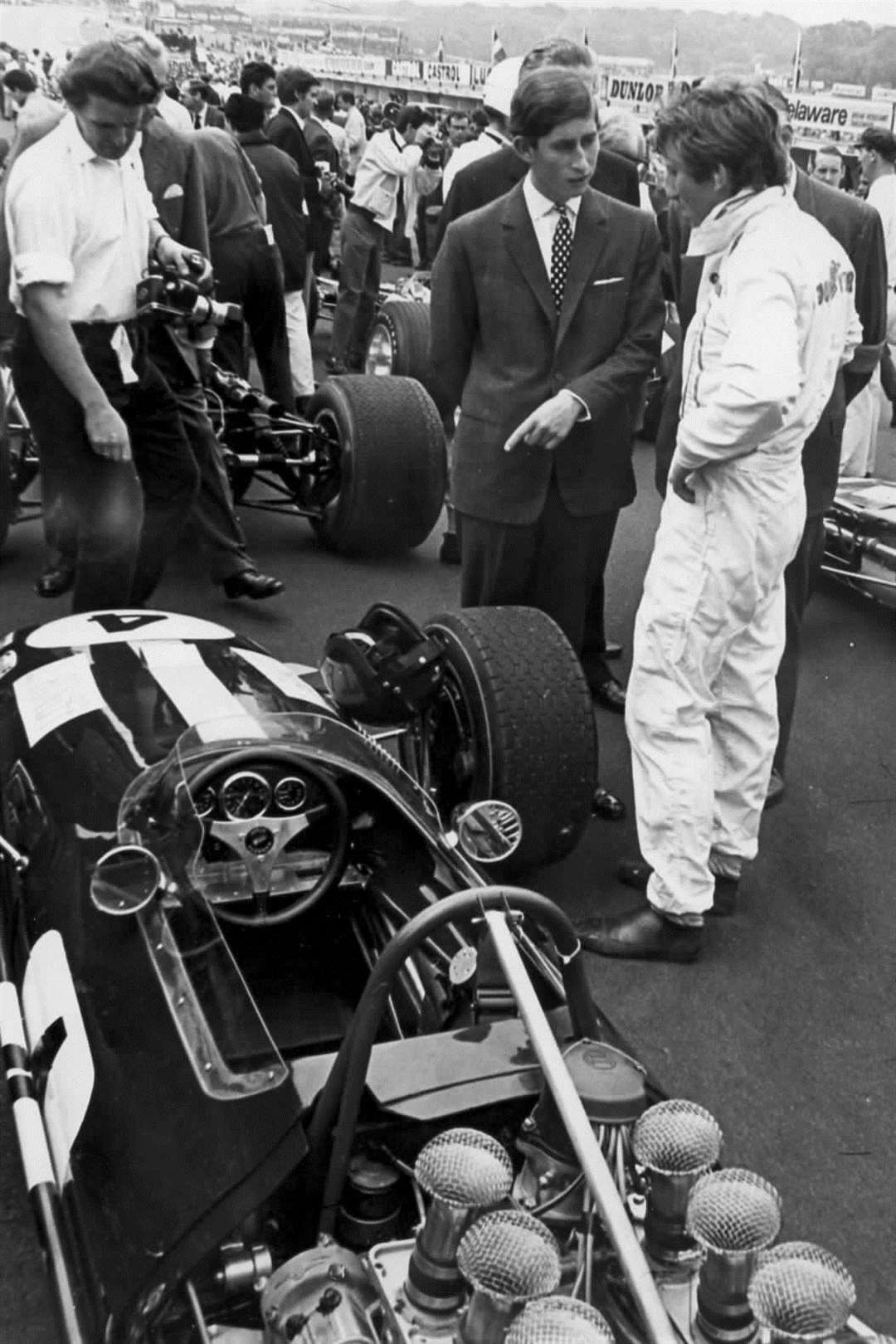 Prince Charles on a visit to Brands Hatch in 1968. Also on the visit were the Duke of Kent and Lord Mountbatten, the chairman of the RAC