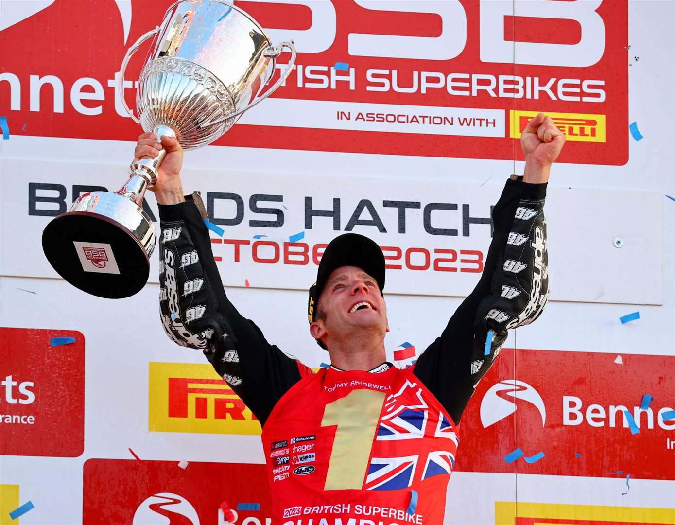 Tommy Bridewell celebrates winning the 2023 British Superbikes Championship title at Brands Hatch