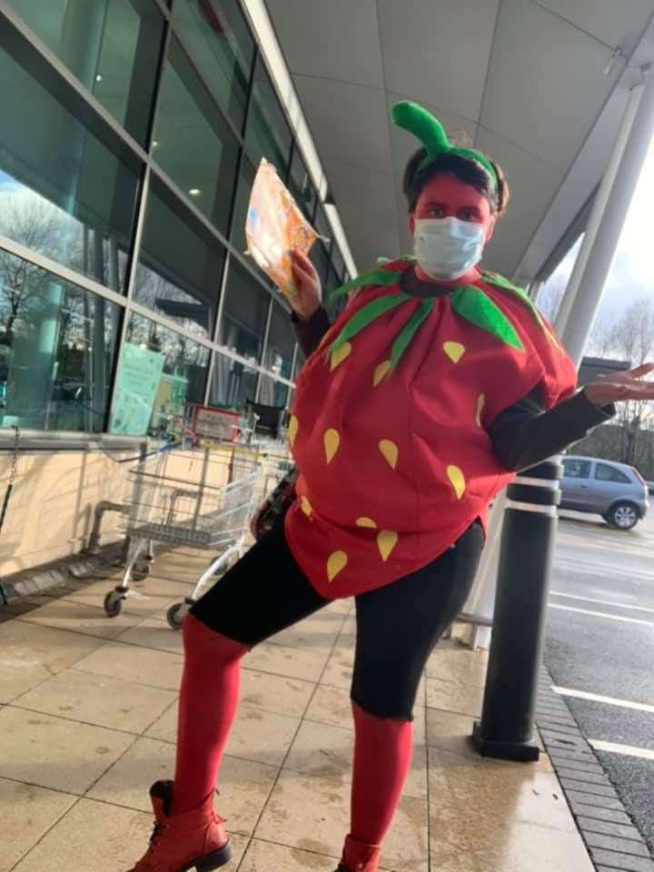 Laya Chaouchi, from Bath, dressed as a strawberry for one of her shops. Picture: Laura Winter
