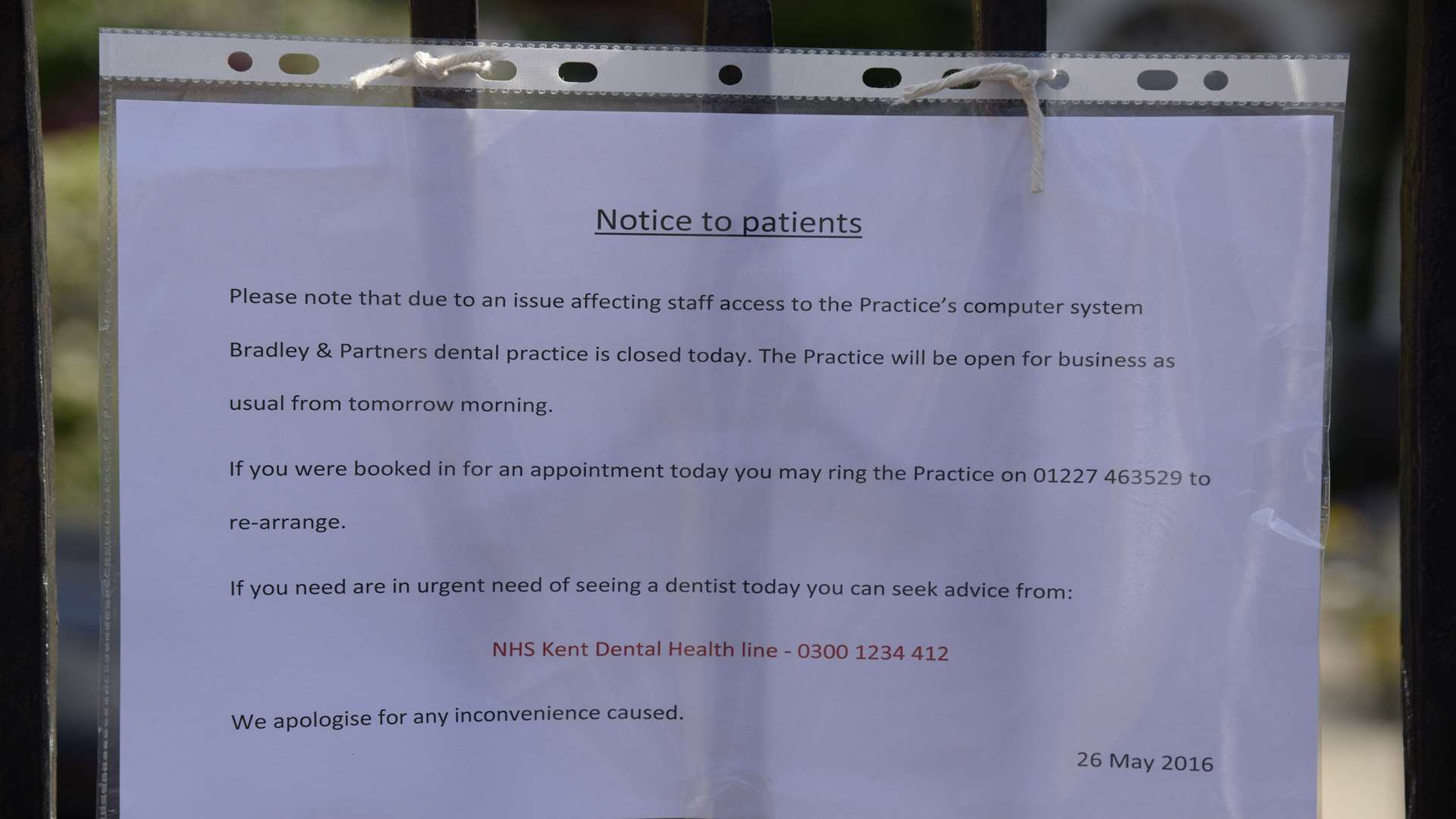 The notice to patients at the dental practice