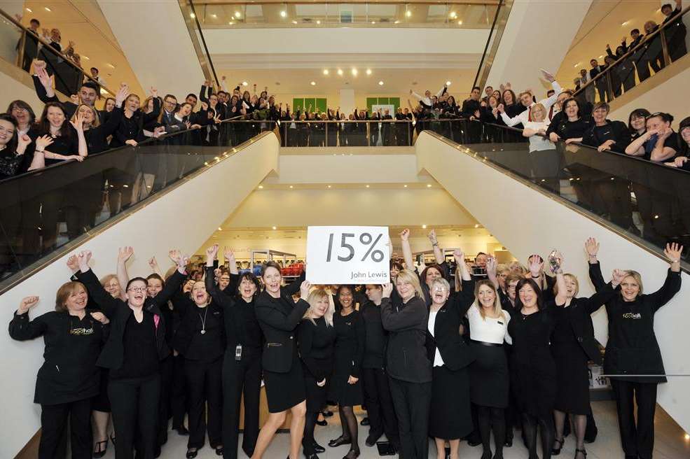 Staff at John Lewis in Bluewater celebrate their 15% bonus, equivalent to eight weeks' salary