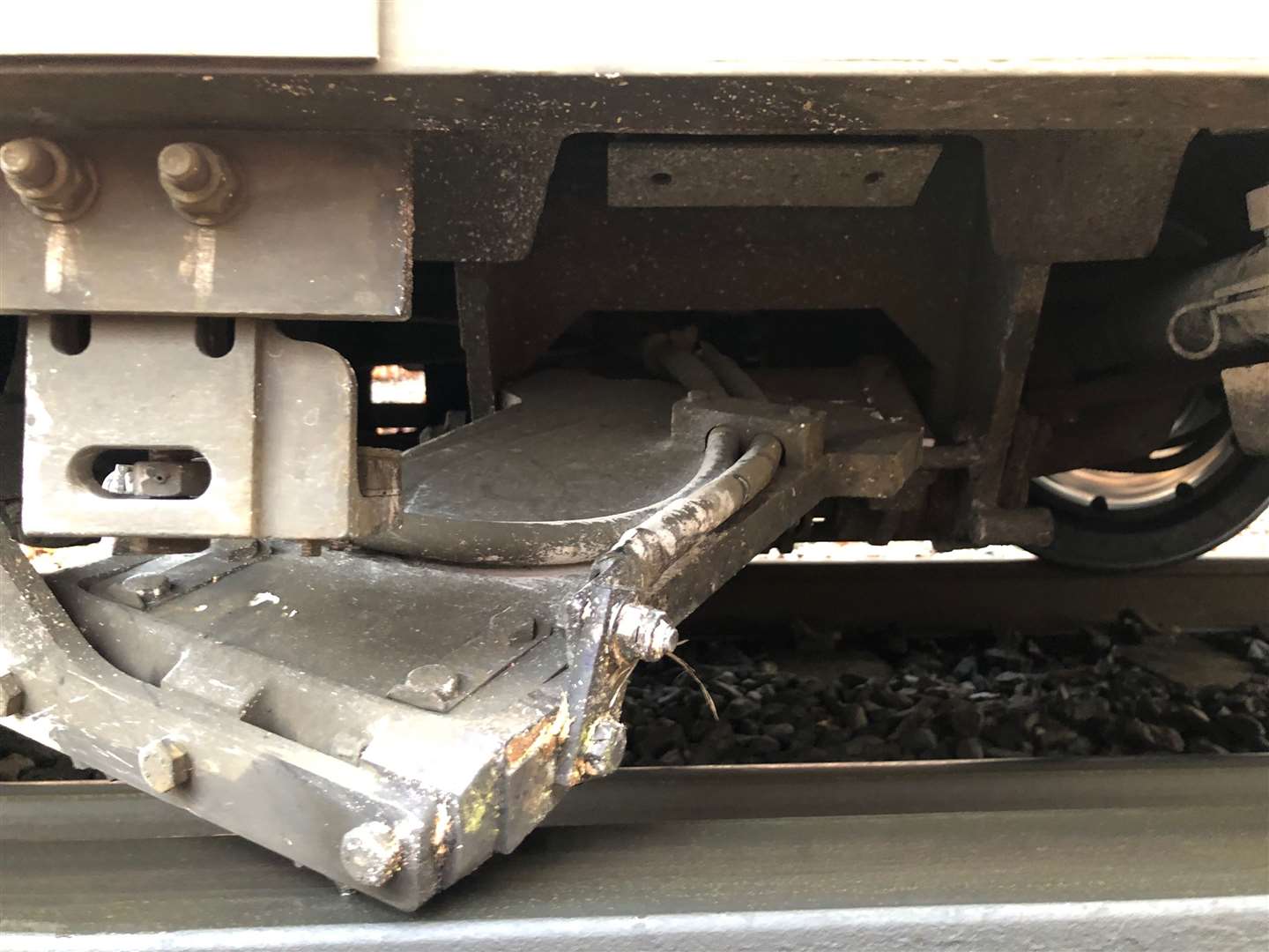 The damaged train after it hit a fallen tree on the track at Battle. Picture: Network Rail