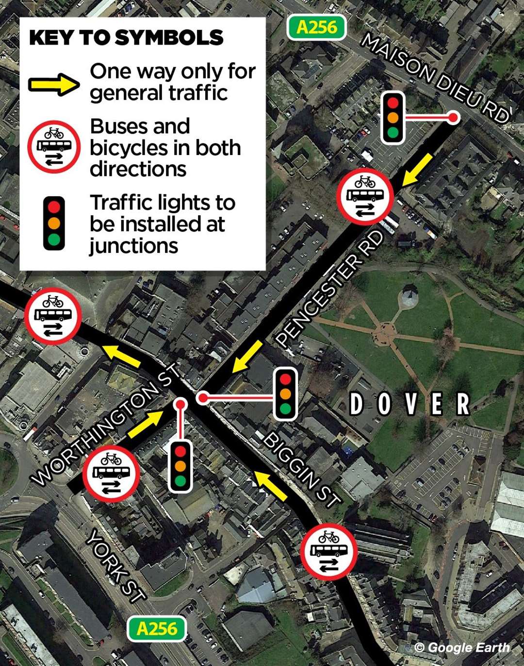 Kent County Council has put forward plans to introduce a contraflow for buses and cycles only in Pencester Road, Dover