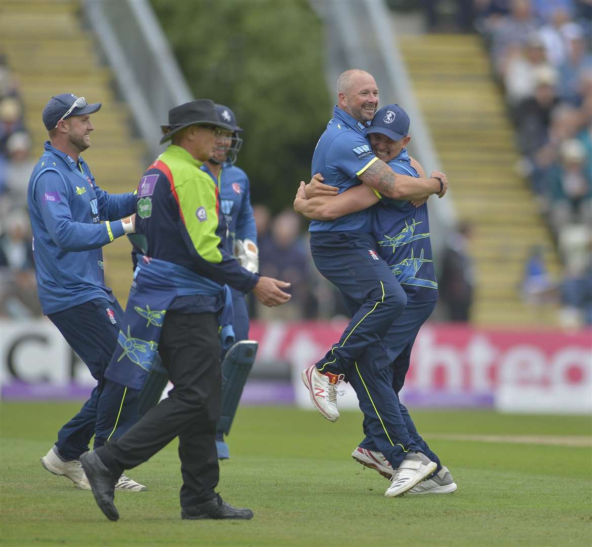 Darren Stevens celebrates the wicket of Joe Clarke Picture: Ady Kerry