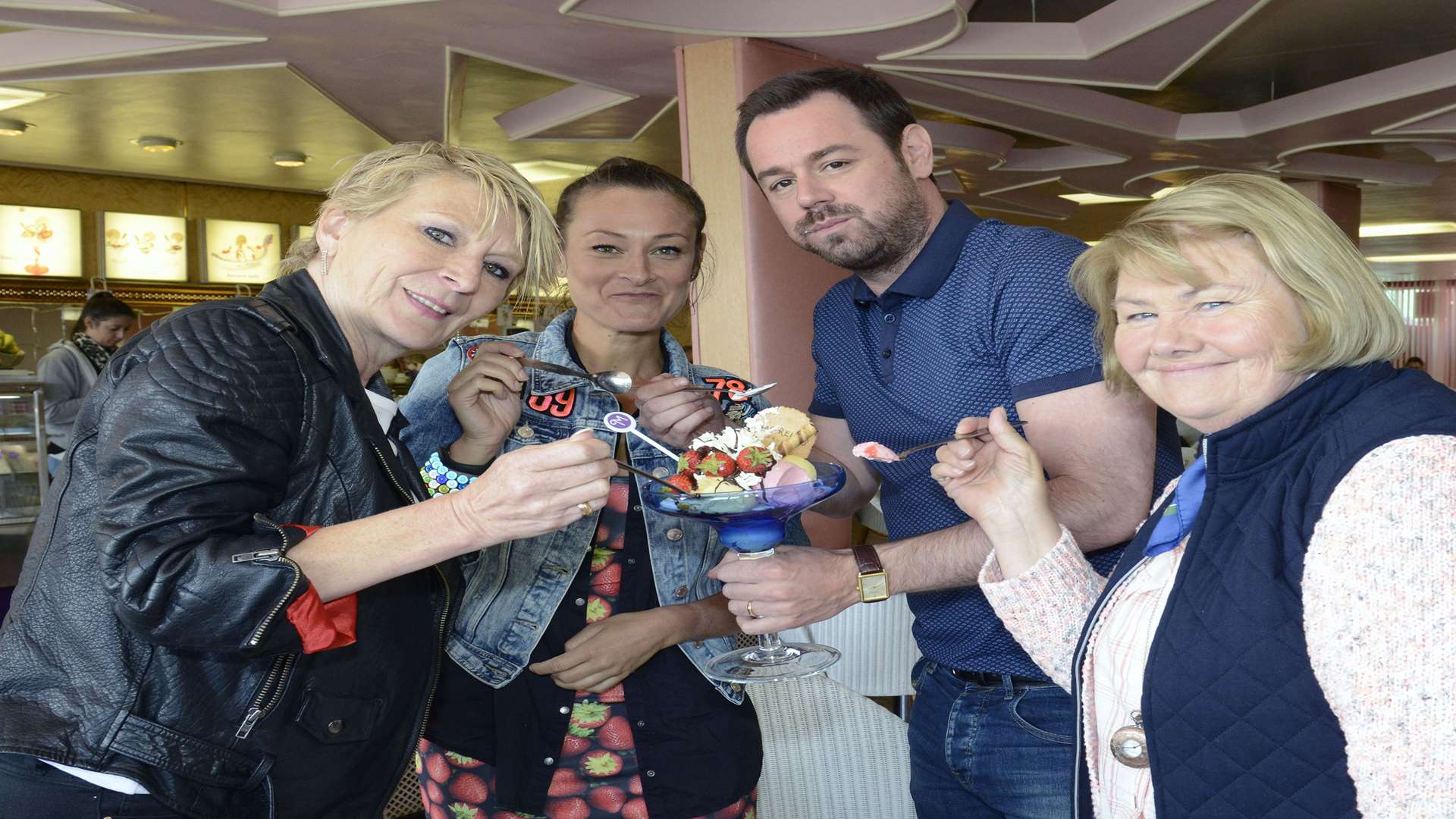Shirley Carter (Linda Henry), Tina Carter (Luisa Bradshaw White), Mick Carter (Danny Dyer), and Aunt Babe (Annette Badland). Picture: Kieron McCarron