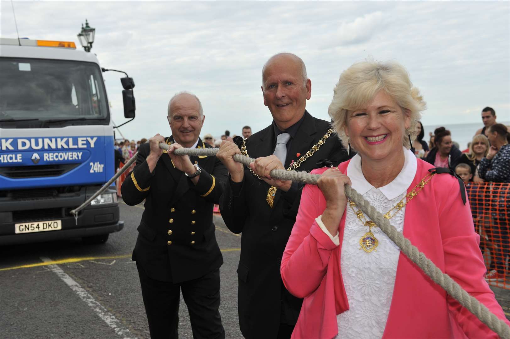 Barry Finch, Mayor Adrian Friend and Mayoress Tracey Carr in the Lorry pull, which was rescheduled from Sunday