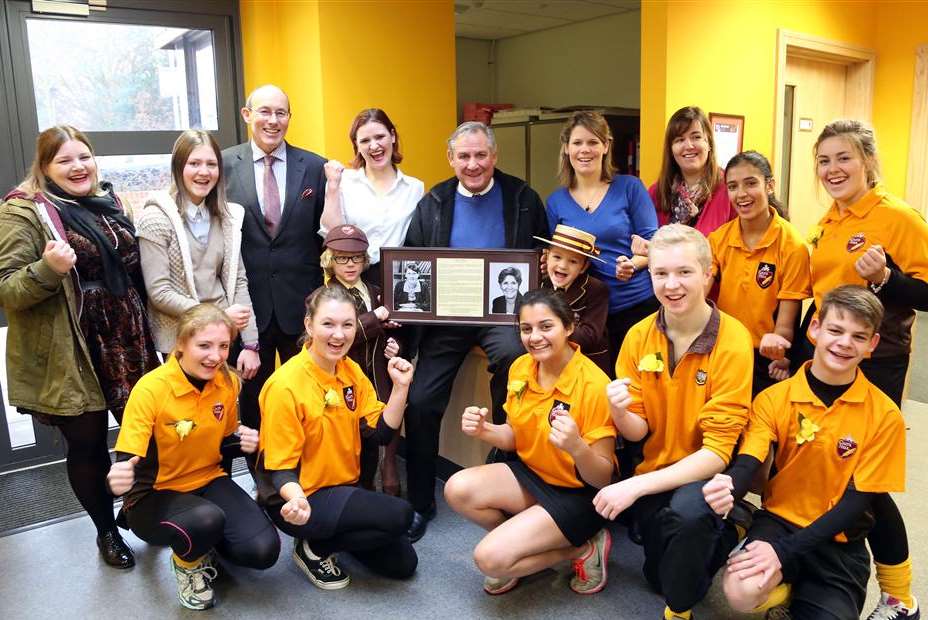 Malcolm Marsh (centre) with his daughters Sallie, right, and Alison, left, with former and present staff and pupils of Gad's Hill at the opening of the Jennie Marsh Wing.