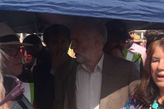 Standing room only: Jeremy Corbyn mingles with people in Ramsgate inside a gazebo. Picture Sarah Henney