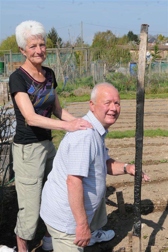 Gillian and Mick Berry, Teston. Upset about their scarecrow, Cyril, being burnt at their allotment.