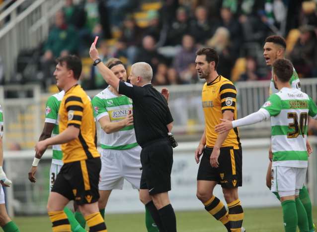 Yeovil's Jakub Sokouk is sent off at the Gallagher Picture: Martin Apps