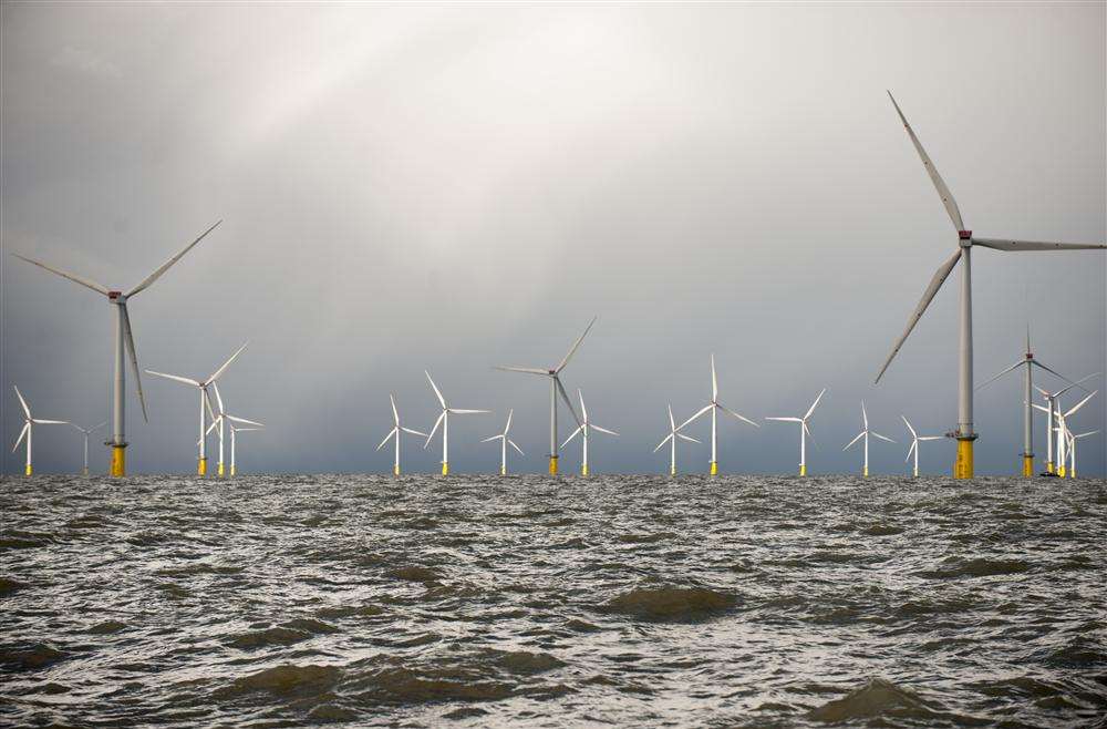 Some of the 175 wind turbines that make up Phase 1 of the London Array wind farm off north east Kent