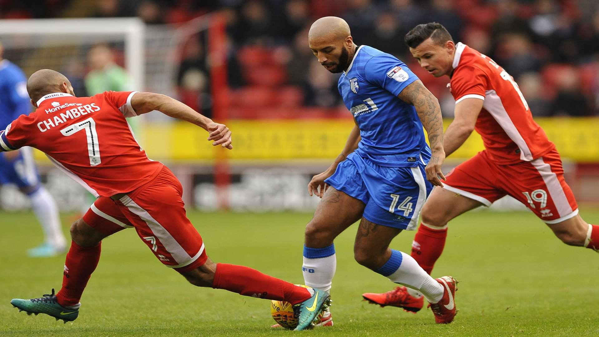 Gills striker Josh Parker takes on the Walsall defence Picture: Ady Kerry