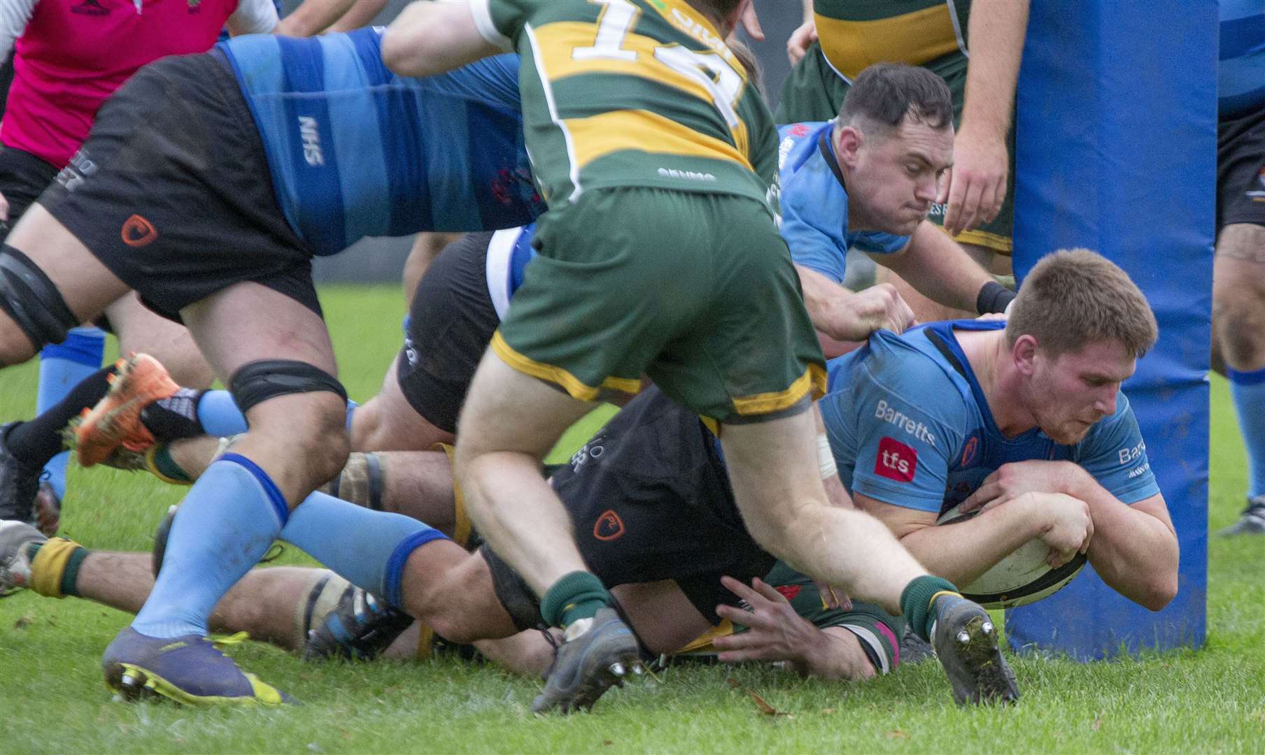 Canterbury go over for a try in National League 2 South at Barnes on Saturday. Picture: Phillipa Hilton (52594726)