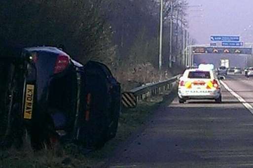 A driver walked away without injuries after this crash on the M2. Picture: Twitter