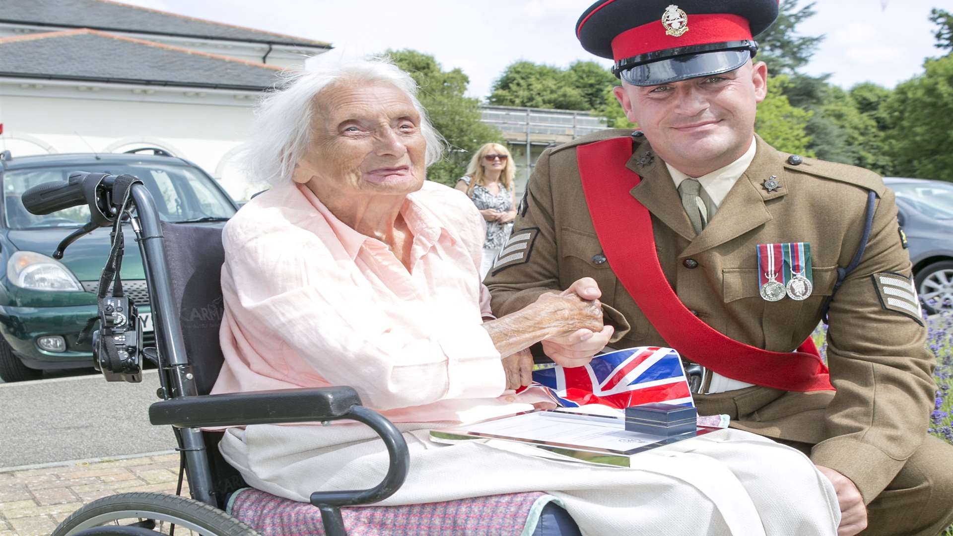 Mary Smith, 95 who worked at Bletchely Park is recognised for her contribution to HM Armed Forces with representative from the Princess of Wales Regiment, Sgt Rob D Phillips