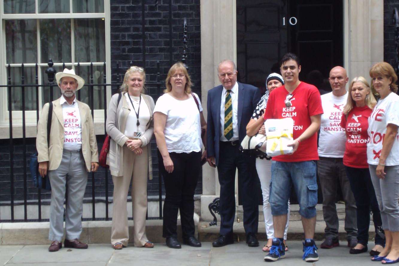 The Save Manston Group with Laura Sandys MP and Sir Roger Gale MP at Downing Street on Monday morning, where the Save Manston petition was received