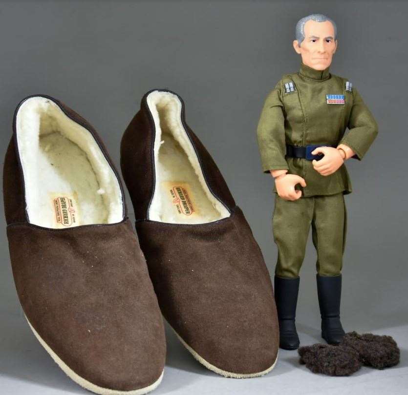 The slippers Peter Cushing wore on the set of Star Wars, and the model of him made by the crew