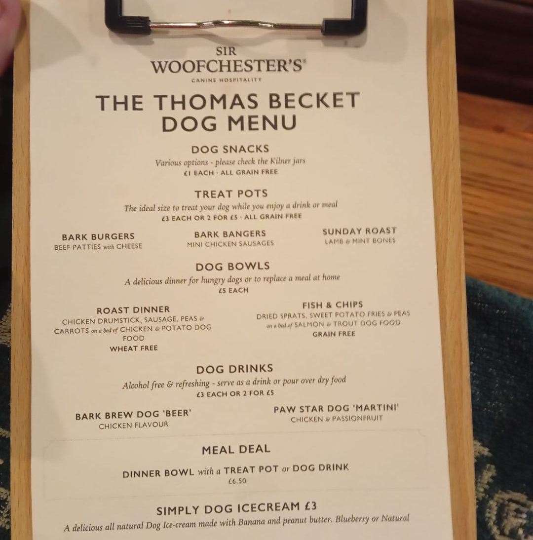 The special dog menu at the Thomas Becket in Canterbury