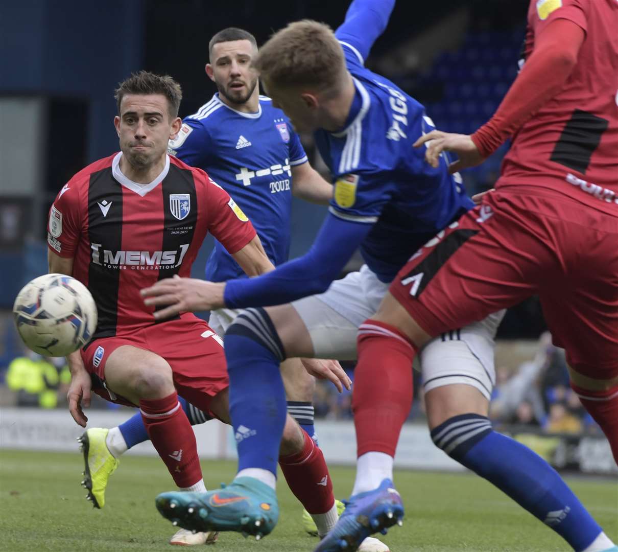 Olly Lee in the thick of the Portman Road action. Picture: Barry Goodwin